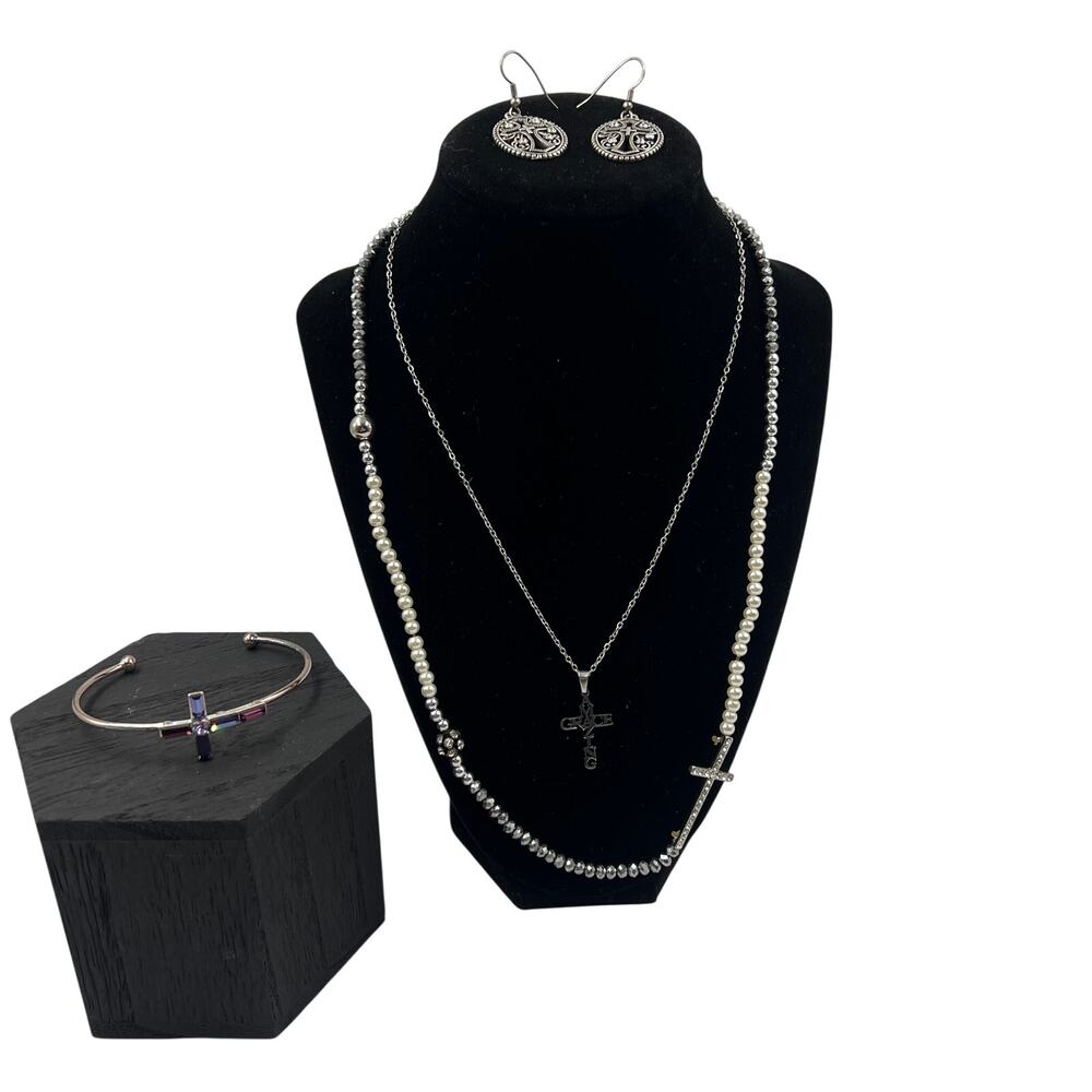 Religious Inspirational Cross Jewelry Lot 5 Pieces Earrings Necklace Bracelet